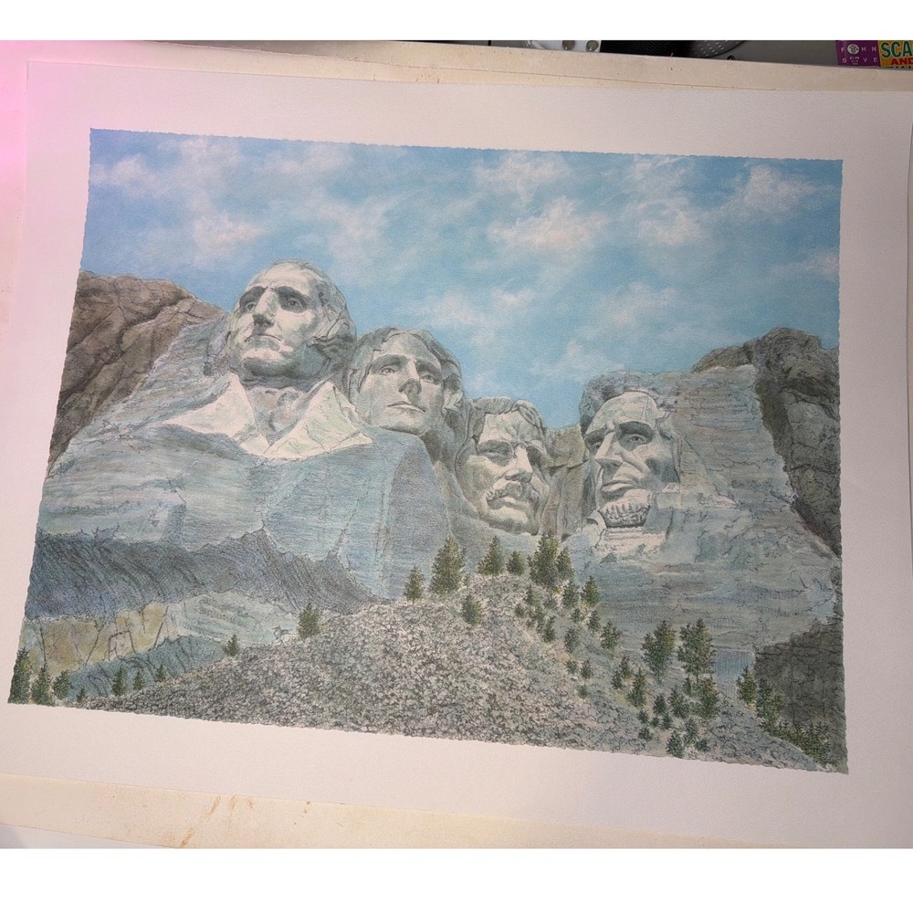Vintage Mount Rushmore Art Print Unisex 22x28 Blue Excellent
